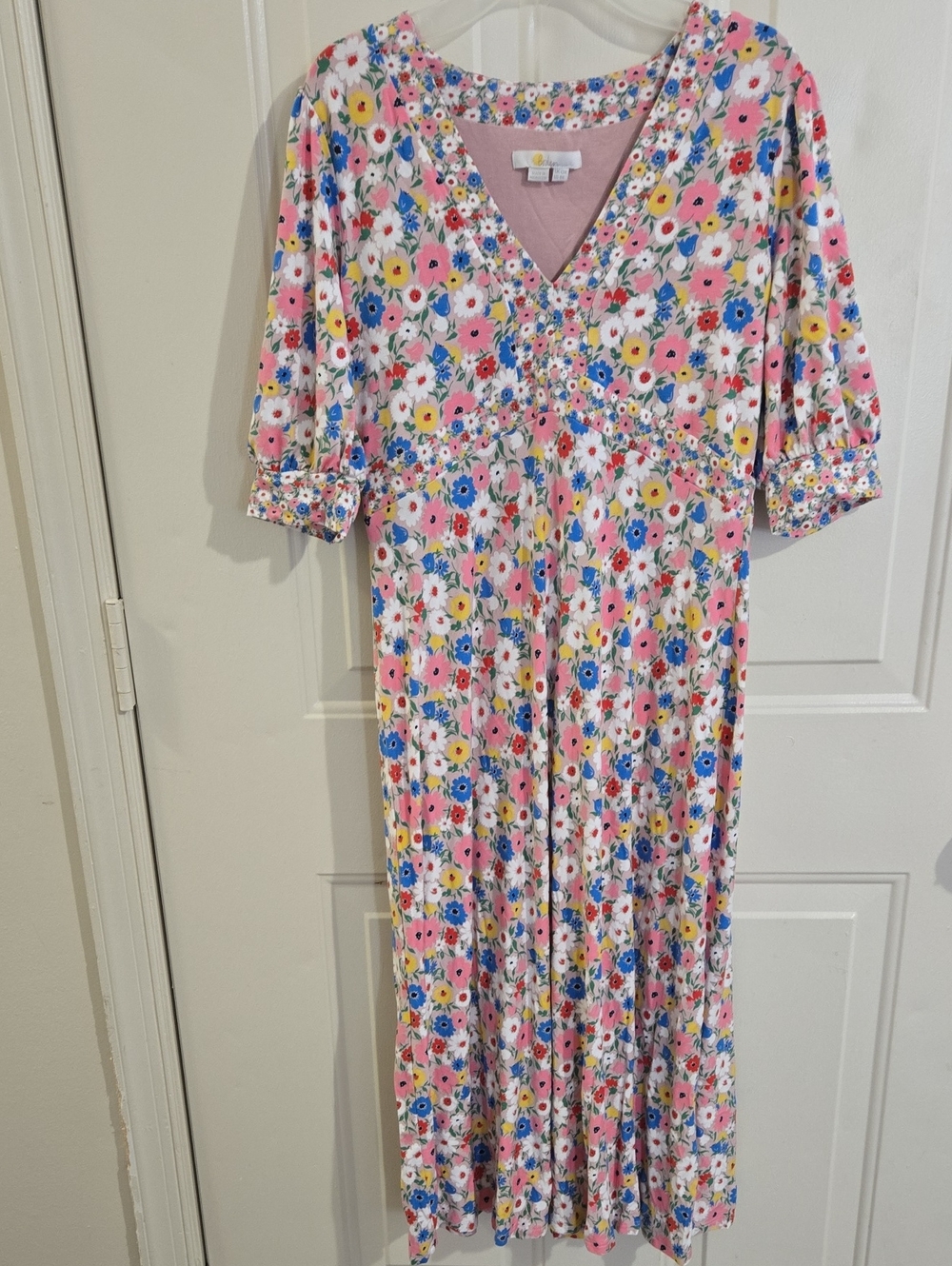 Boden Floral Midi Dress in Pink, Blue, Yellow